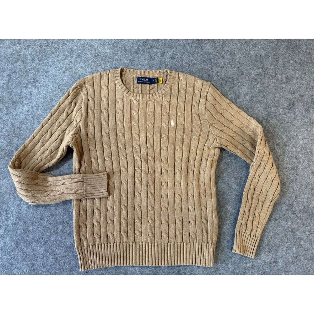 Polo Ralph Lauren Women's Cable Knit Crewneck Sweater Camel Sz M Preppy Classic
